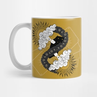 Mystical Woman with Enigmatic Tarot Cards and Sun Clouds Hair Mug